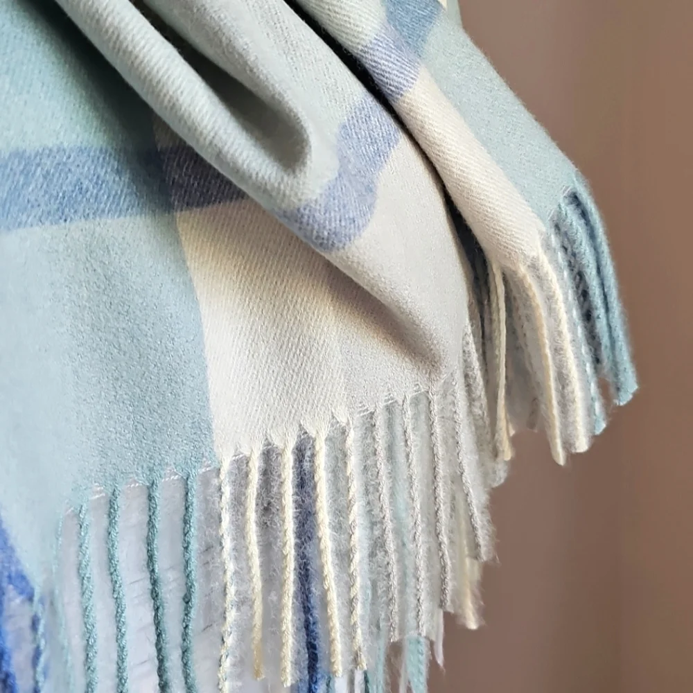 Pretty Pursuasians Scarf Pale Blue White Gray Fringe Scarf Wrap